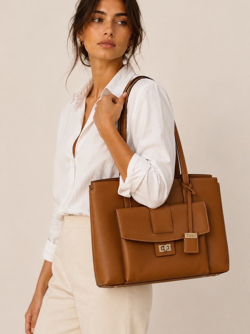 Floto Italian Leather Work Tote Satchel Brown Structured Top Handle Bag